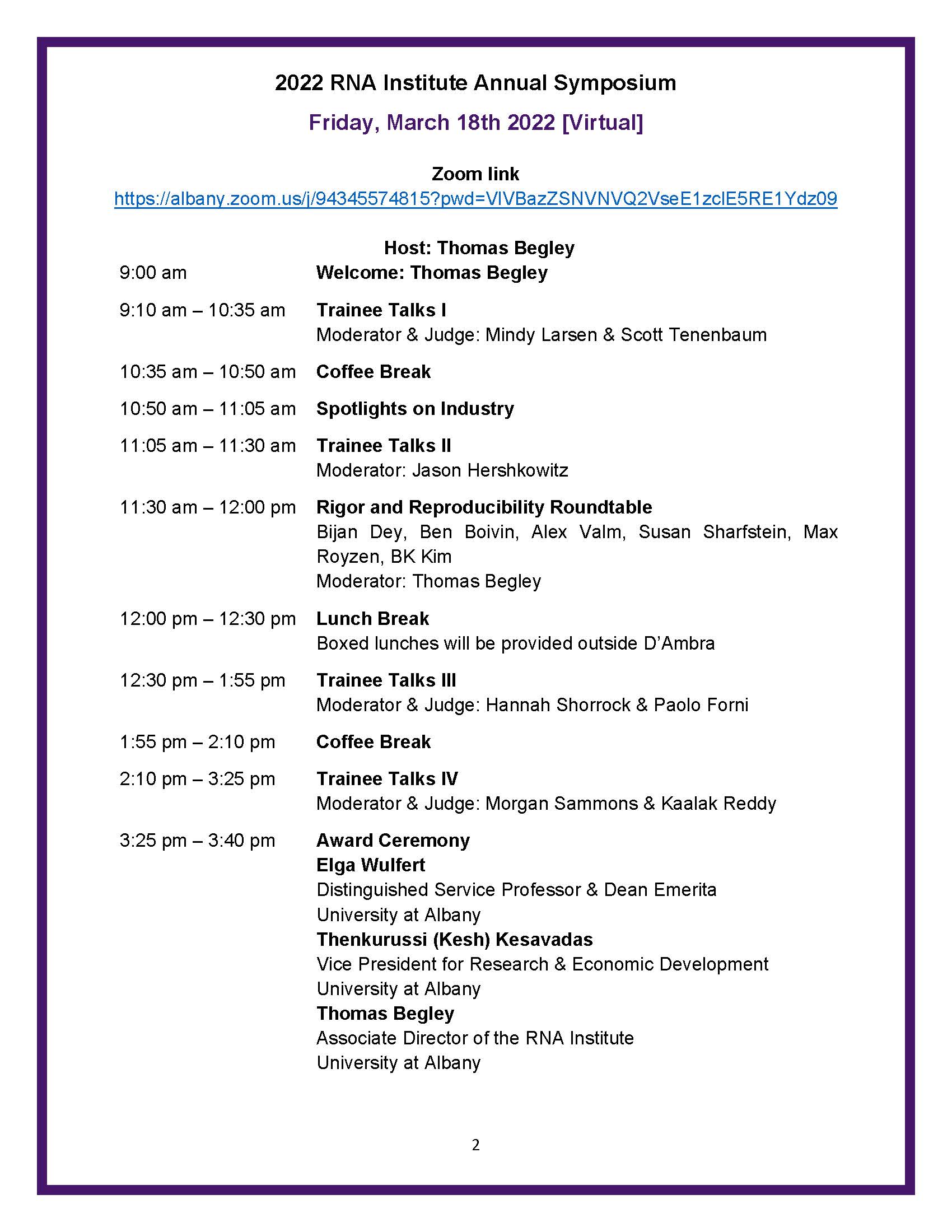 2022 RNA Institute Annual Symposium Full Program Page 2. Access detailed alternative text directly below photo.