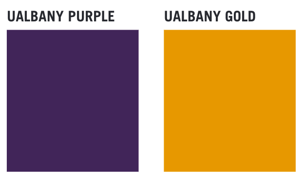 Two squares showing UAlbany purple and UAlbany gold