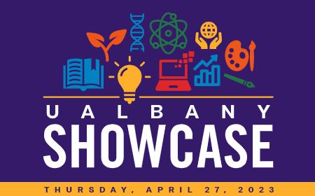 Purple and gold logo reads “UAlbany Showcase Thursday, April 27, 2023” with images of a book, plant, lightbulb, DNA molecule, laptop, barograph, paint supplies and hands holding a globe.