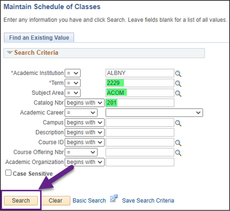 A PeopleSoft screenshot showing the action described in Step 2 above.