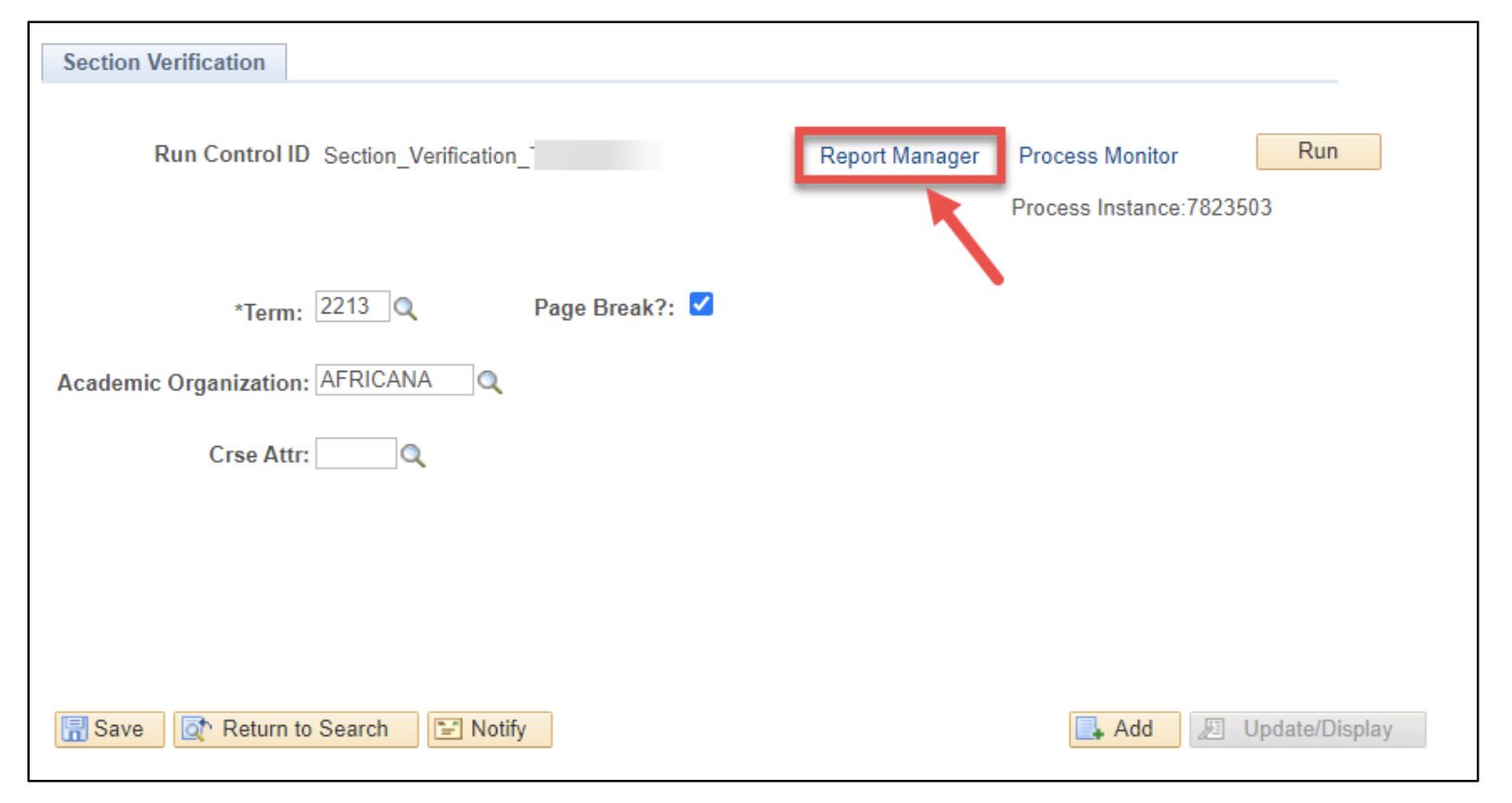 A screenshot of the PeopleSoft page, showing the actions described above in Step 6.