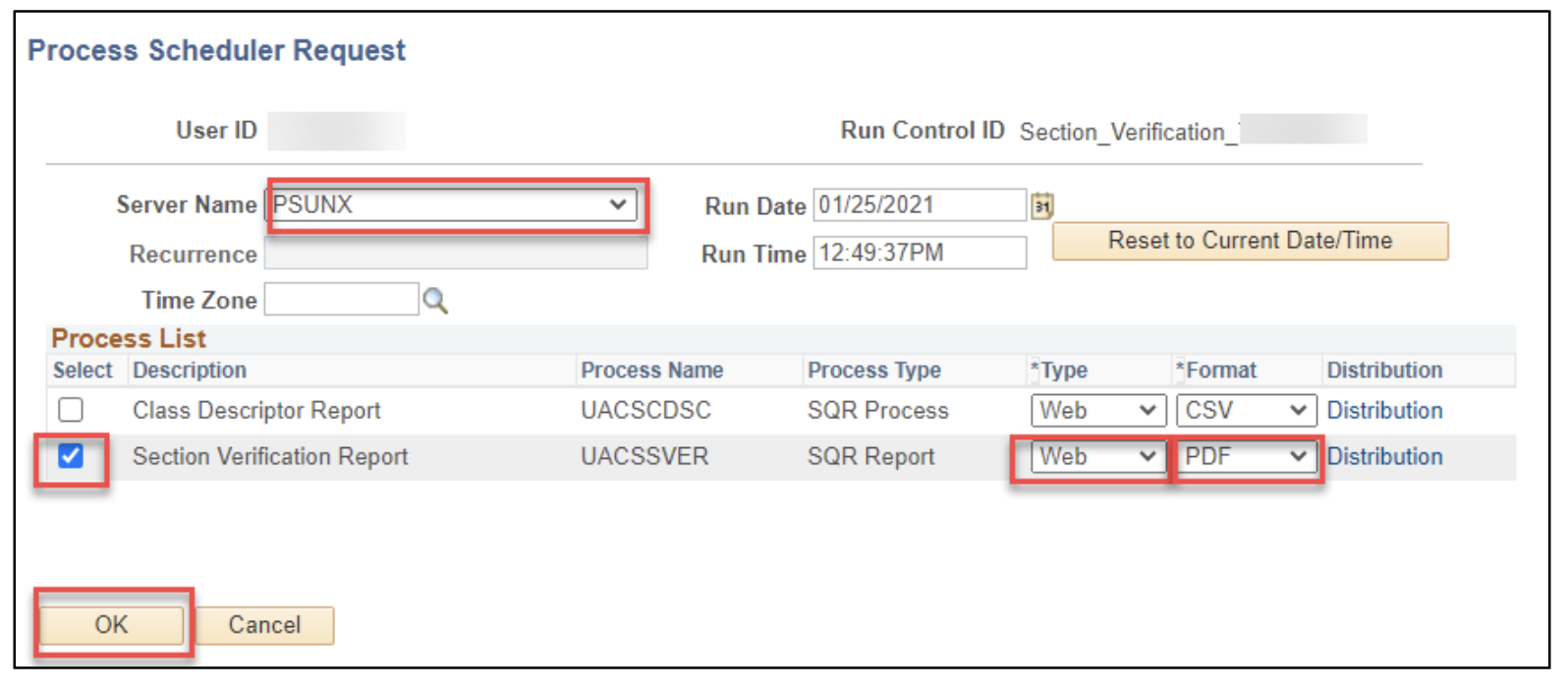 A screenshot of the PeopleSoft page, showing the actions described above in Steps 1 through 5.