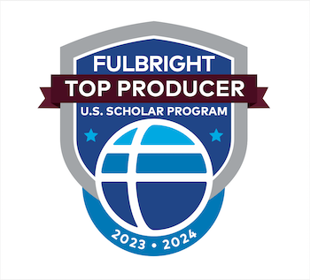 Blue, grey and white digital badge reads "Fulbright Top Producer U.S. Scholar Program 2023-2024"