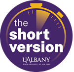 A circular purple logo depicting a stopwatch and including the words "the short version."