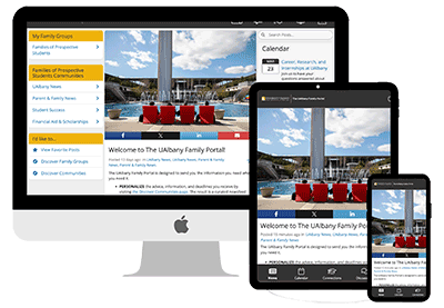 UAlbany Family Portal homepage rendered on various devices.