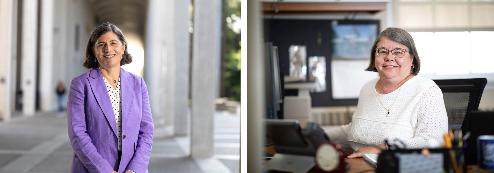 Composite image of two individual portraits. At left, a woman with short hair and a purple blazer poses for an outdoor portrait on UAlbany’s academic podium. At right, a women with short hair and glasses and a white blouse smiles at a desk in an office. 