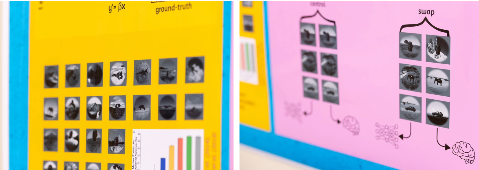 Composite image featuring two side by side photographs, each capturing a portion of a printed poster. The image on the left features a series of indistinct black and white thumbnail images. Within these, it is just possible to make out pictures featuring a fighter jet, a gorilla and a human head. The image at right features a similar collection of thumbnail images, arranged into two groups of six. Each grouping includes arrows at the bottom that point to a human brain and a series of circles connected with lines.