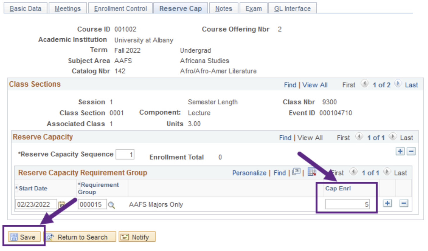 A screenshot of the PeopleSoft page, showing the actions required to update a reserve, as described above.