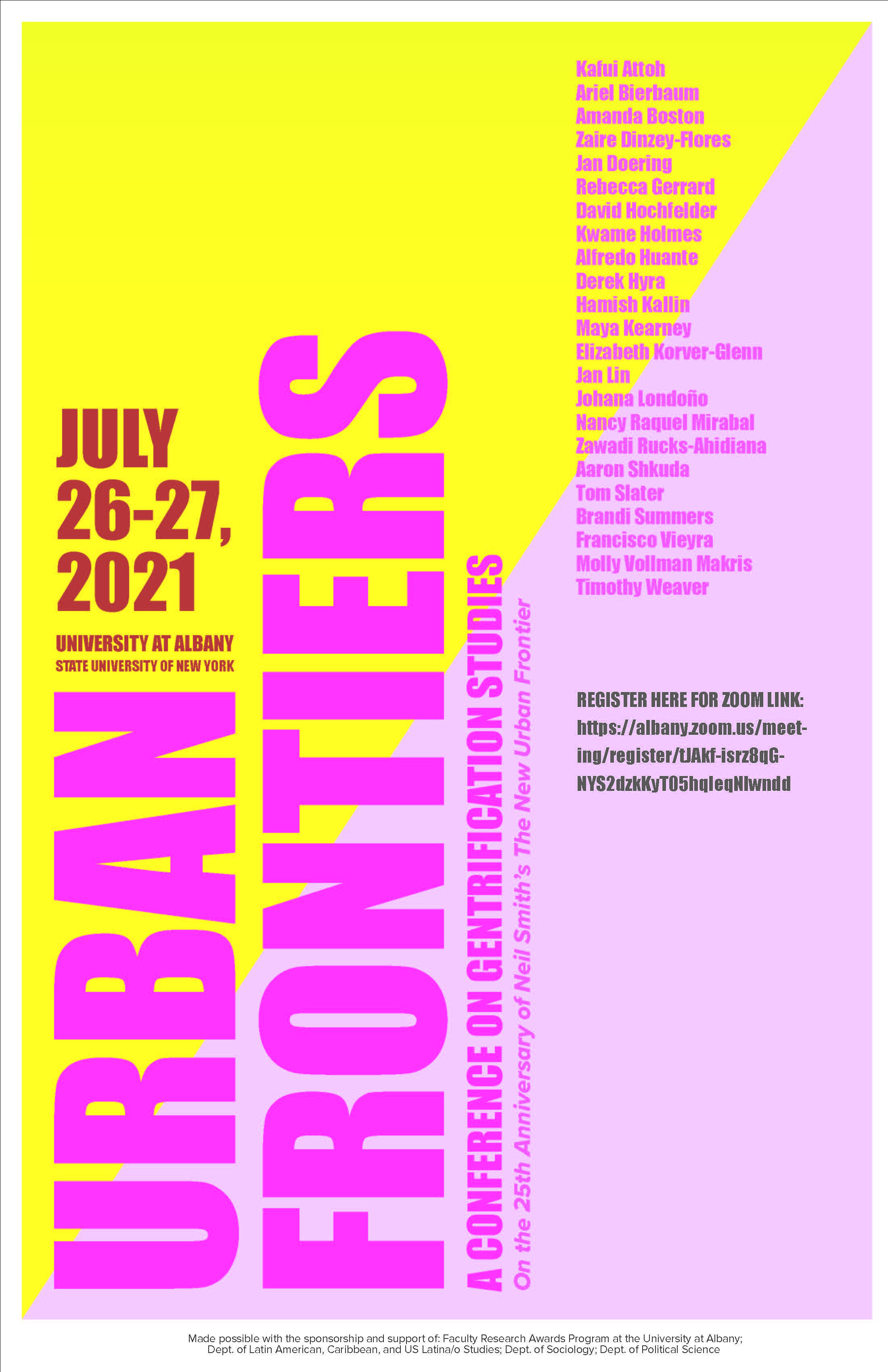 Urban Frontiers: A Conference on Gentrification Studies, July 26-27, 2021, program front cover