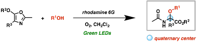 A depiction of visible-light-mediated synthesis of oxidized amides via organic photoredox catalysis.