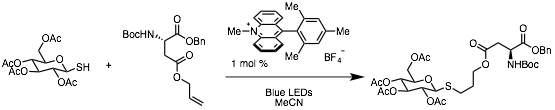 A depiction of visible-light-mediated Thiol-Ene reactions through organic photoredox catalysis.