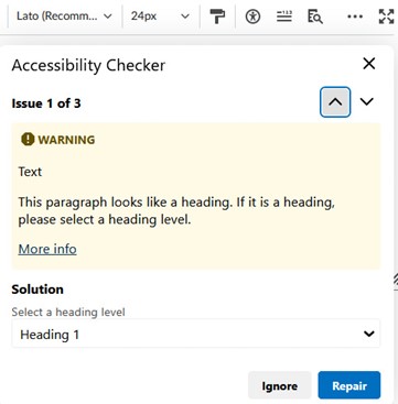 Brightspace Accessibility Checker warning and solution, showing a description of the issue, a link to more info, and options to ignore or repair the flagged issue