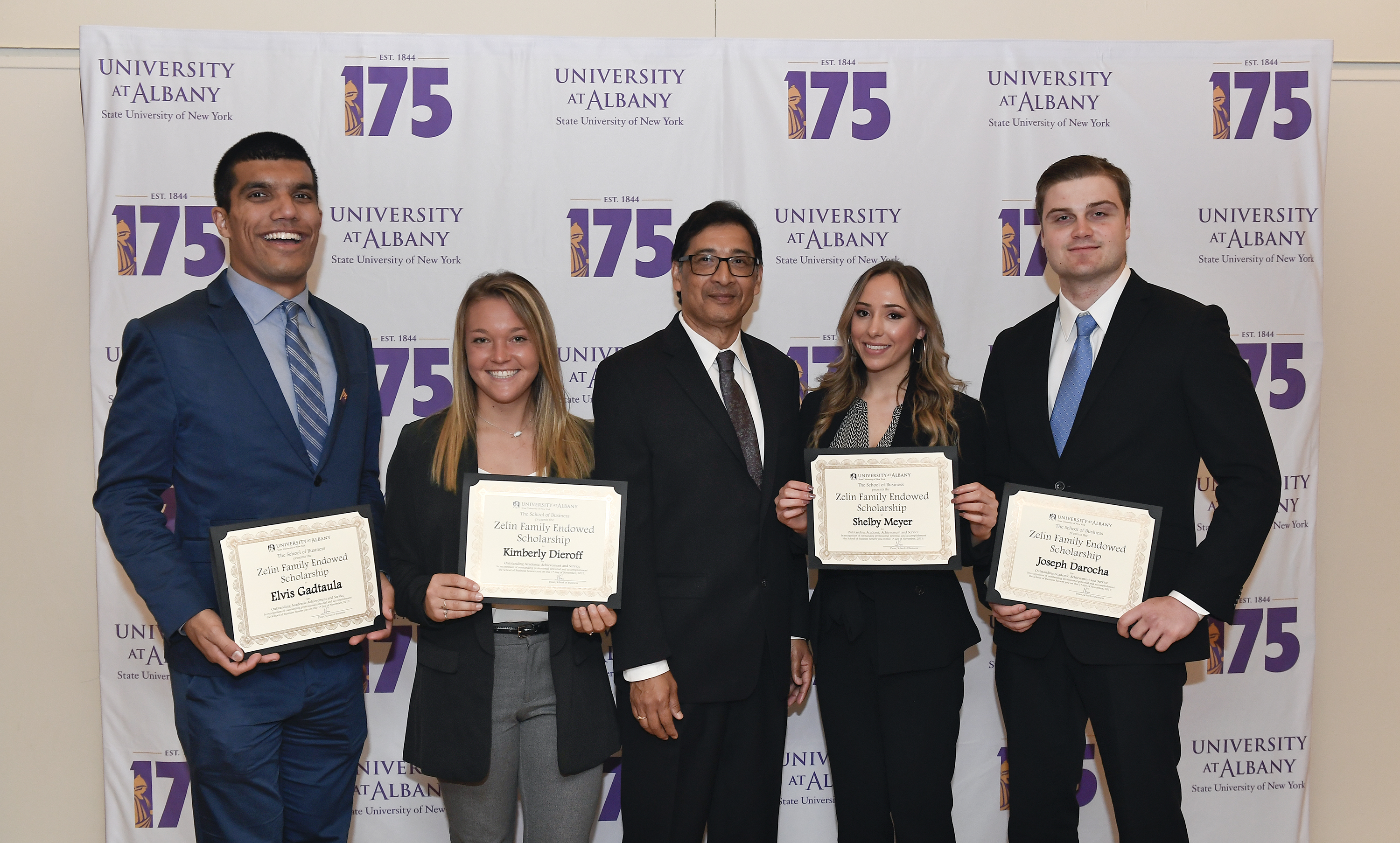 School of Business scholarhip recipients with Dean Nilanjan Sen