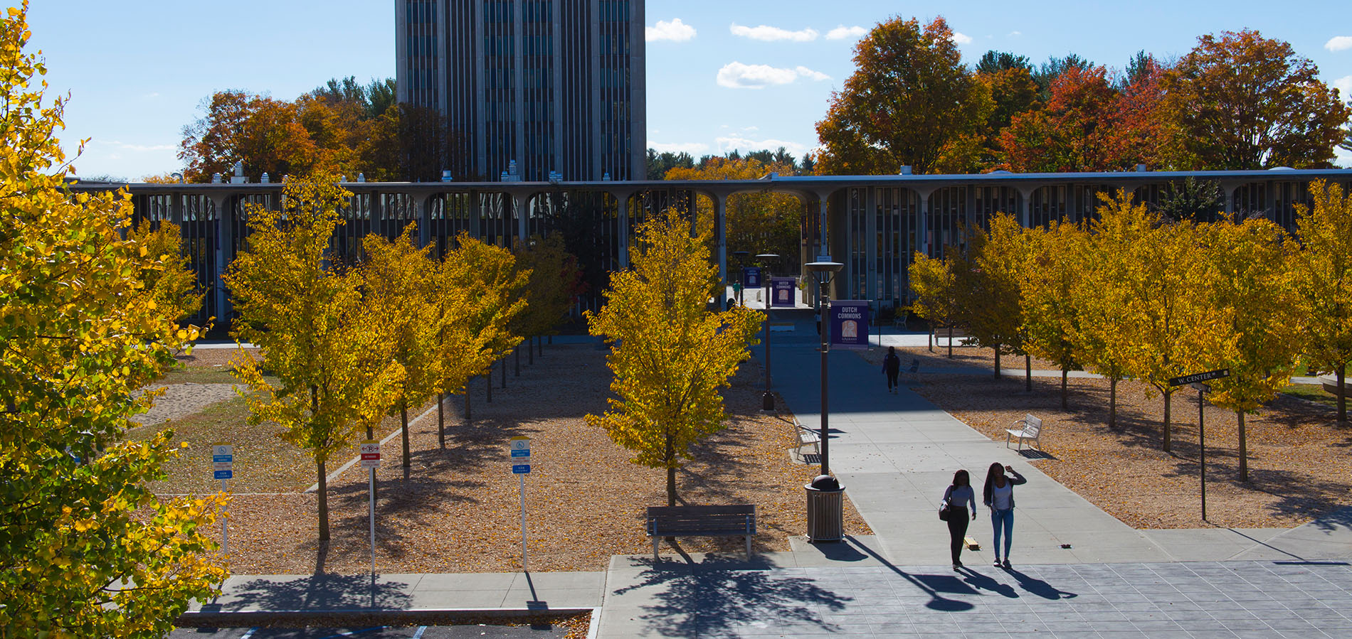 Students walking on UAlbany campus during Fall foliage