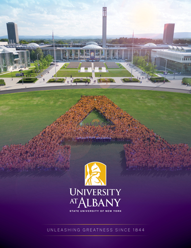 About UAlbany brochure cover featuring students forming the letter A on Collins Circle in front of campus.