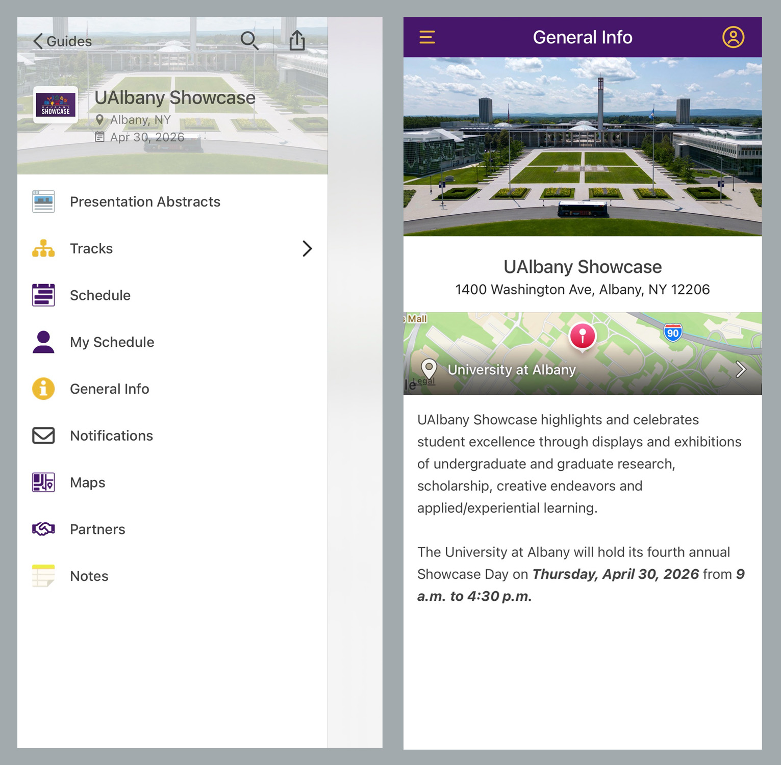 Two screenshots of the UAlbany Showcase 2026 app, with the first screenshot showing the app menu and the second showing the app homepage.