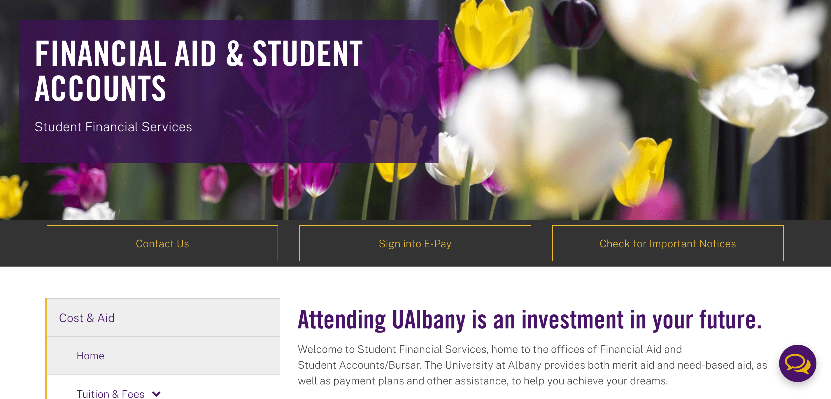 A screenshot of the Financial Aid and Student Accounts website's homepage, with call to action buttons for Contact Us, Sign into E-Pay and Check for Important Notices