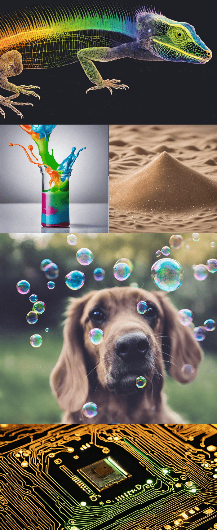 Collage of AI generated images featuring a spectrum-colored lizard rendering, a beaker being filled with multi-colored slime, sand, a dog surrounded by soap bubbles floating in the air, and a gold-colored computer circuit board.