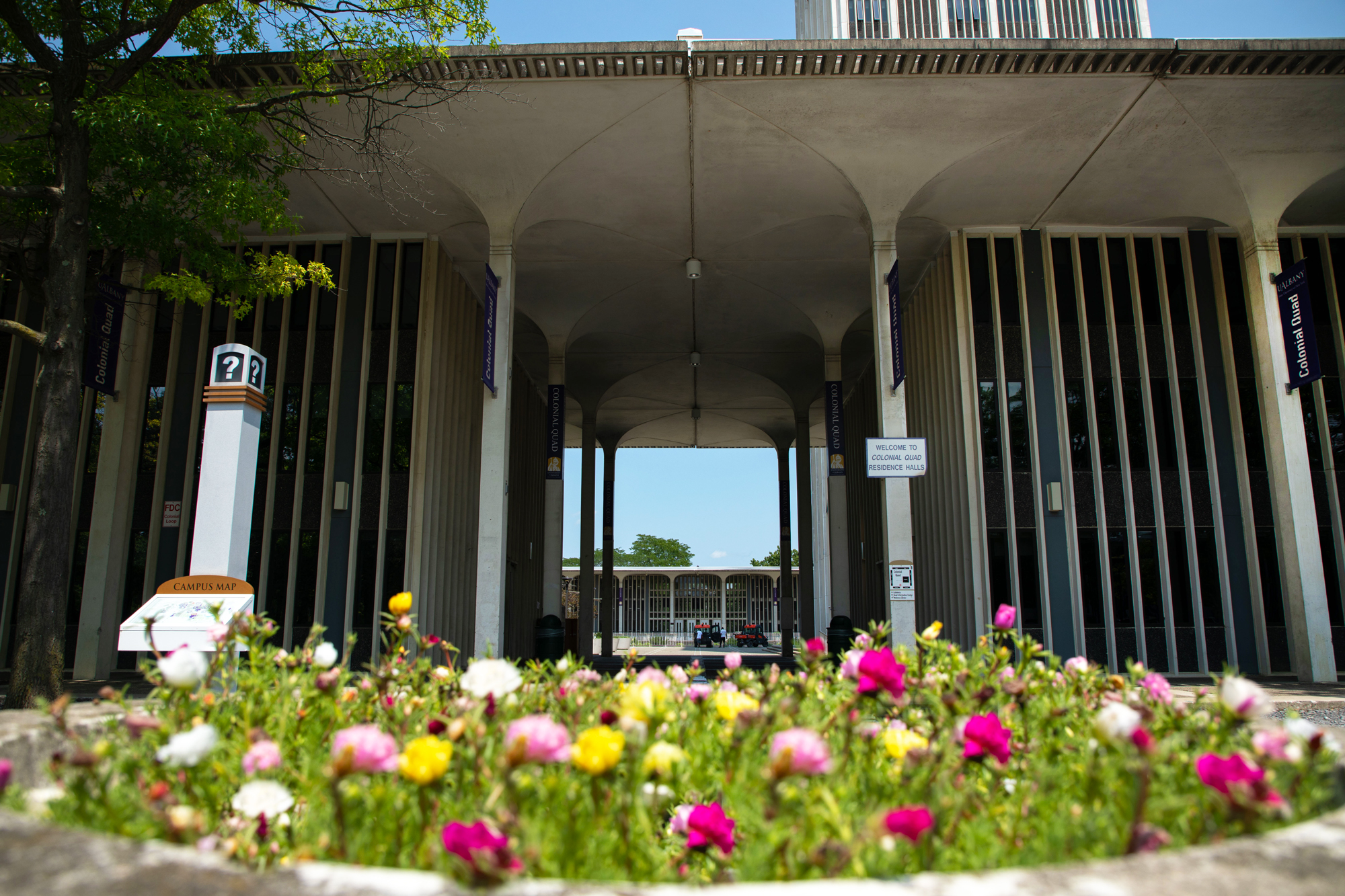 Colonial Quad entry arch with flowers in the foreground