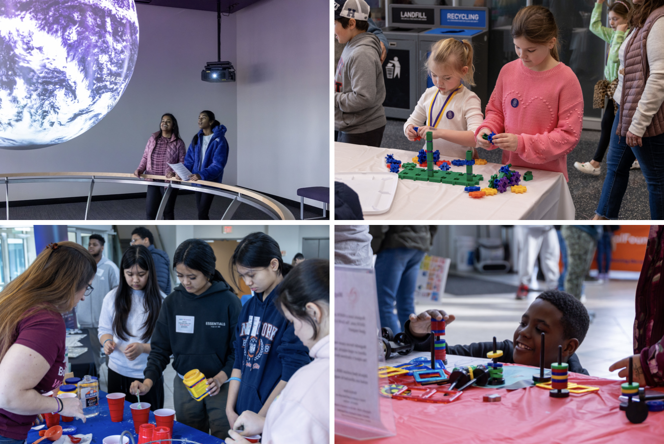 Composite of four pictures, including two people gazing at an Earth-like sphere suspended from the ceiling, and children and young teens playing with different science crafts
