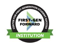 a circular logo with the words First-Gen Forward Institution, Center for First-Generation Student Success