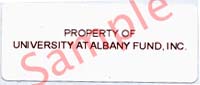 A sample of a University at Albany Foundation property tag. This tag is white, with the words "Property of University at Albany Fund, Inc."