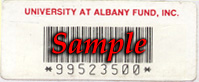 A sample of a University at Albany Foundation asset tag. This tag is white, with the words a black bar code and inventory number. There is also red text that says,"Property of University at Albany Fund, Inc."