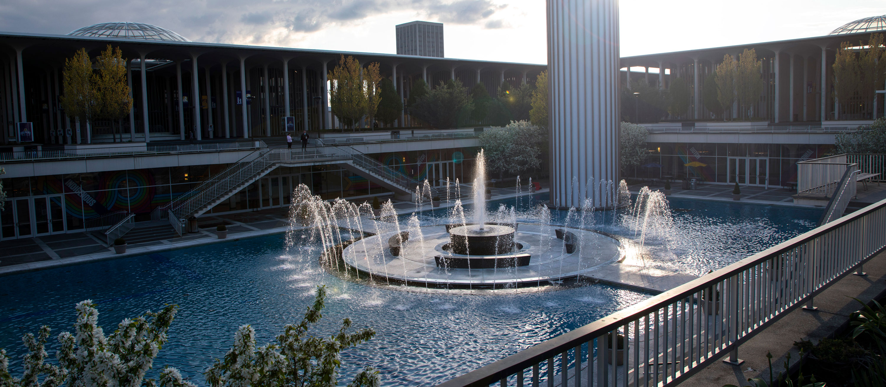 The UAlbany main fountain on the Academic Podium on the Uptown Campus just before sunset.