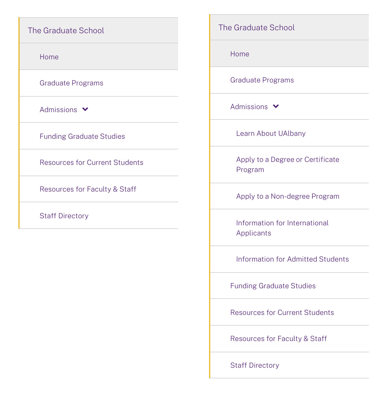 Two screenshots of the Graduate School's site menu, showing it's seven main items and what it looks like when the Admissions item is expanded to reveal five child pages