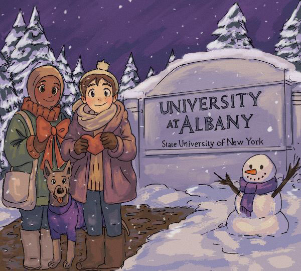 An illustrated holiday card. Two students wearing winter coats, scarves and gloves, and a Great Dane with a purple sweater pose in front of the University at Albany, State University of New York, campus entry sign. Snow is on the ground and falling from the sky, and there is a snowman nearby.