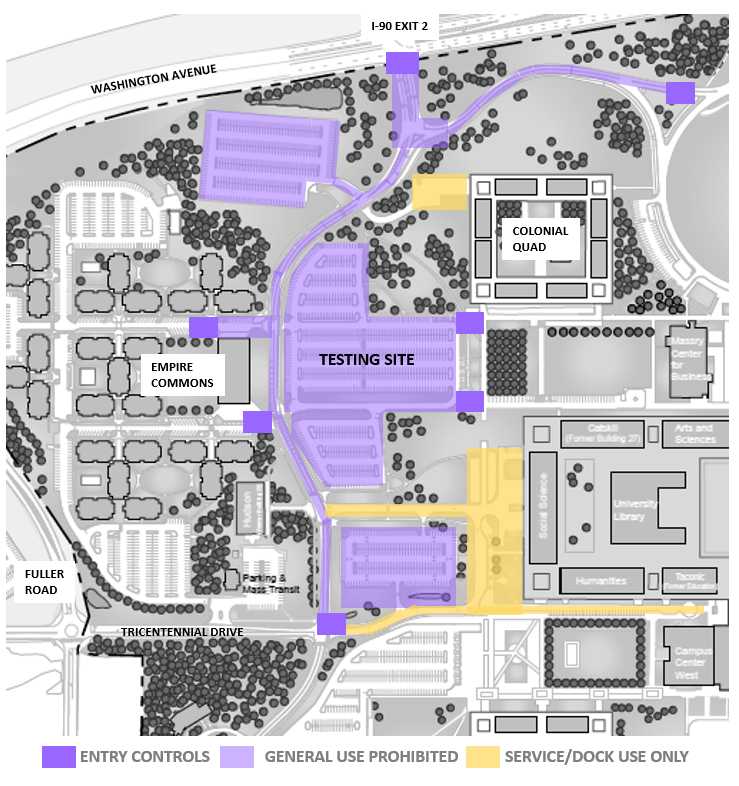 A map of the COVID-19 testing site on UAlbany's main campus