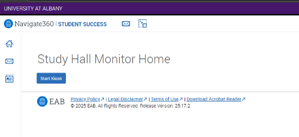 A screenshot of the EAB Navigate page that an administrative user would see upon signing into a kiosk. The blue "Start Kiosk" button is the only option.
