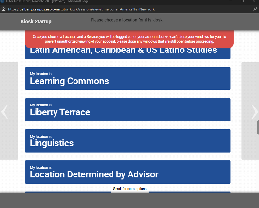 A screenshot of the second EAB Navigate page that an administrative user would see when starting up a kiosk. Available kiosks locations are listed.