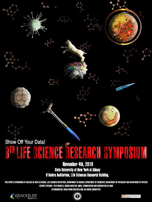 A black background with atoms, molecules and genetic illustrations. At the bottom, red and white text reads, "Show Off Your Data!/ 8th Life Science Research Symposium/ November 4th, 2016/ State University of New York at Albany/ D'Ambra Auditorium/ Life Sciences Research Building," followed by sponsor information in a text too small to read.