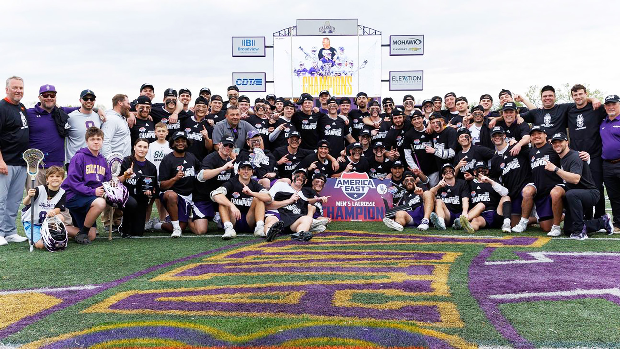 UAlbany men's lacrosse celebrates its 10th America East title at Tom and Mary Casey Stadium on May 4, 2024.