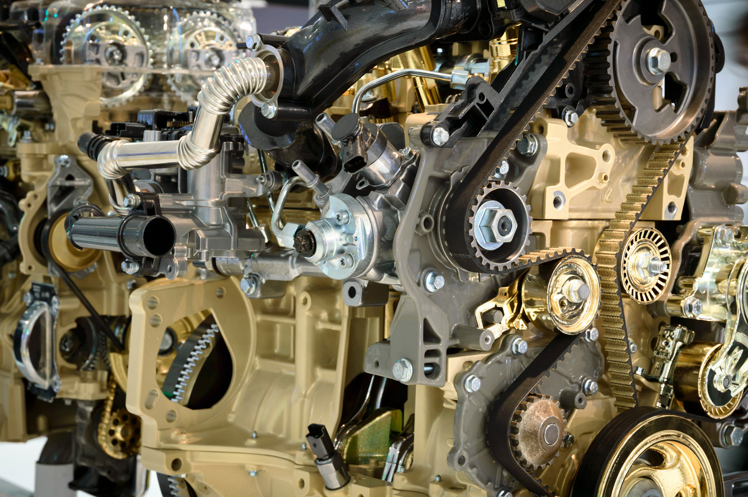 A close-up view of a complex engine mechanism.