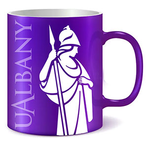 Purple UAlbany mug with Minerva graphic