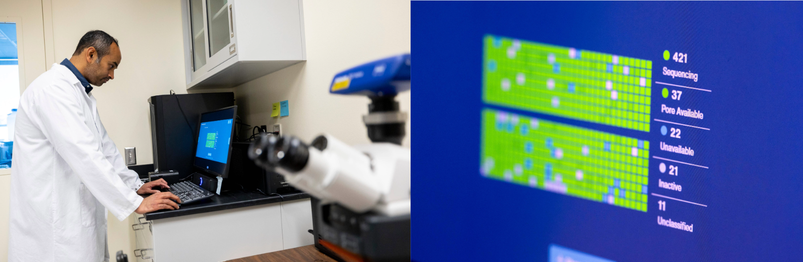 Left: a man in a lab coat stands at a computer screen. Right: a computer screen displaying grids of green, blue and gray squares set against a blue background.