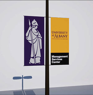 Outdoor University at Albany banner featuring full length Minerva graphic