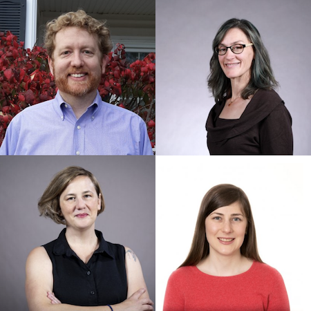 Portrait collage of four individuals including a man with short red hair and a beard, a woman with glasses and shoulder length hair, a woman with long brown hair and a woman with a short bob