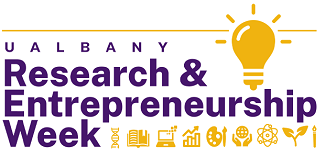 A logo that says UAlbany Research & Entrepreneurship Week with a large icon of a lightbulb and several smaller icons depicting scientific, creative and technological items like computers and a painter's palette.