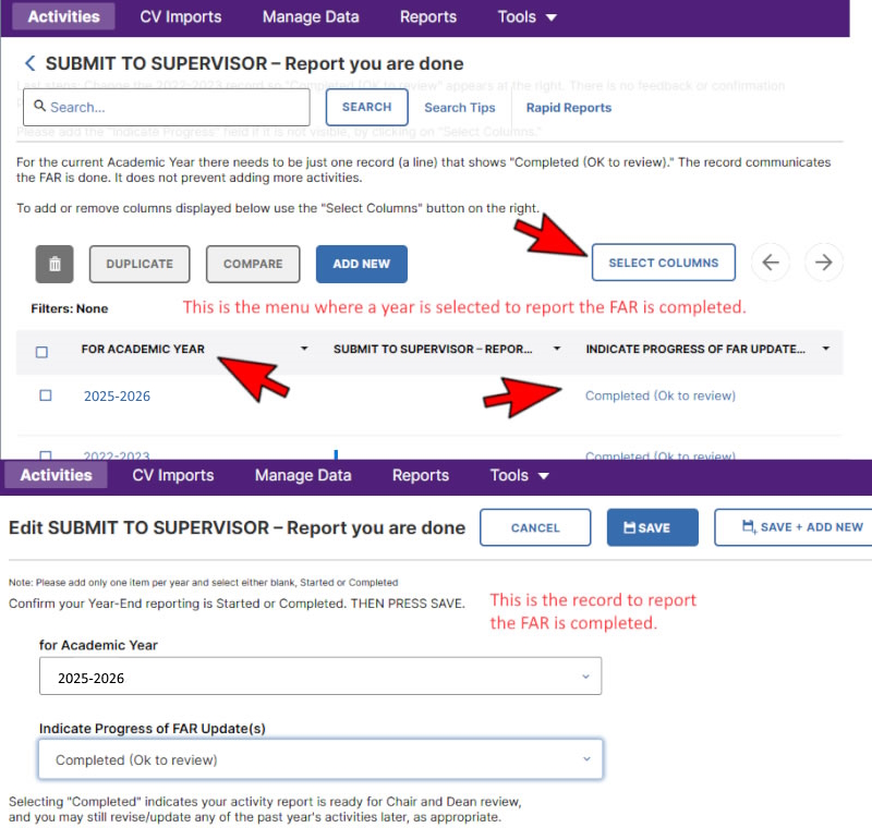 Report FAR is done for each reporting year - select Completed.