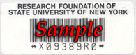 A sample of a Research Foundation asset tag. This tag is white, with a black bar code and inventory number and the words "Research Foundation of the State University of New York."