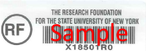 A sample of a Research Foundation asset tag. This tag is white, with a black bar code and inventory number, an RF logo, and the words "The Research Foundation for the State University of New York."