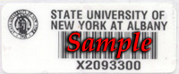 A sample of a New York State asset tag. This tag is white, with a black bar code and inventory number, the UAlbany logo and the words "State University of New York at Albany.".