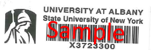 A sample of a New York State asset tag. This tag is white, with a black bar code and inventory number, the UAlbany logo and the words "University at Albany, State University of New York."