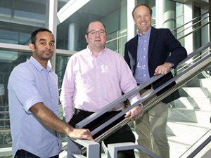 Part of the RNA Institute's myotonic dystrophy research team are, left to right, research scientist Kaalak Reddy, collaborative staff scientist John Cleary, and institute director, Andy Berglund. (Photo by Patrick Dodson)