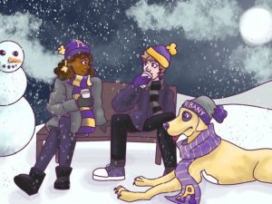 Illustration of people drinking cocoa on a bench in the snow with Damien the Great Dane at their feet