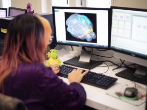 A student in a blue lab coat and googles completes research at a workstation, surrounding by shelving and scientific equipment