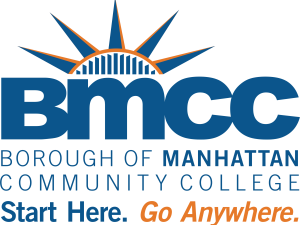 A logo that reads: "BMCC: Borough of Manhattan Community College. Start Here. Go Anywhere" and is framed by a blue and orange Statue of Liberty crown.